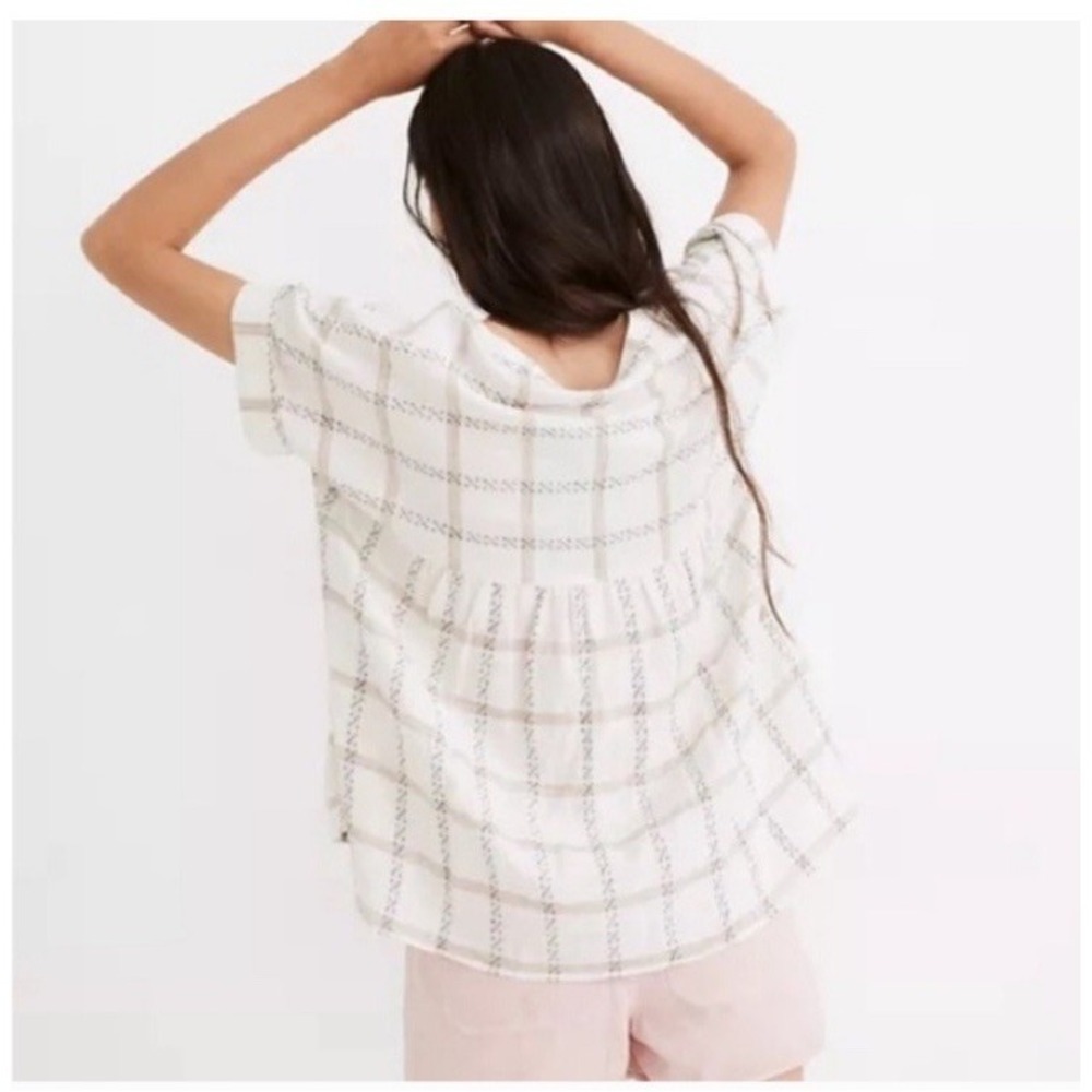 Madewell Lakeline Popover Short Sleeve Shirt Cream Plaid Boxy Linen Blend Size S - Picture 2 of 9